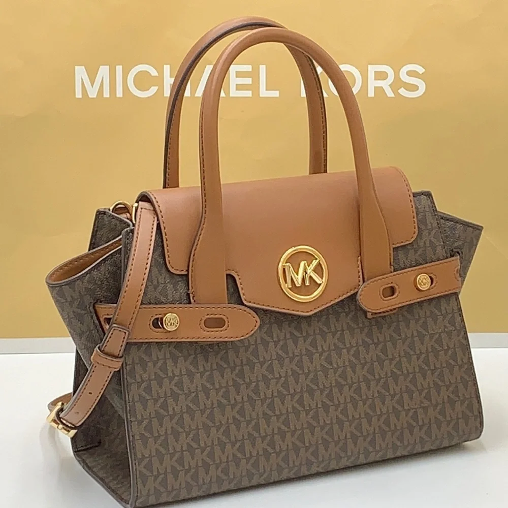 MICHAEL KORS CARMEN MEDIUM FLAP SATCHEL BROWN SIGNATURE COLOR
